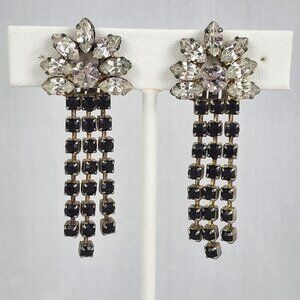 Vintage Black & Silver Floral Rhinestone Tassel Clip On Earrings